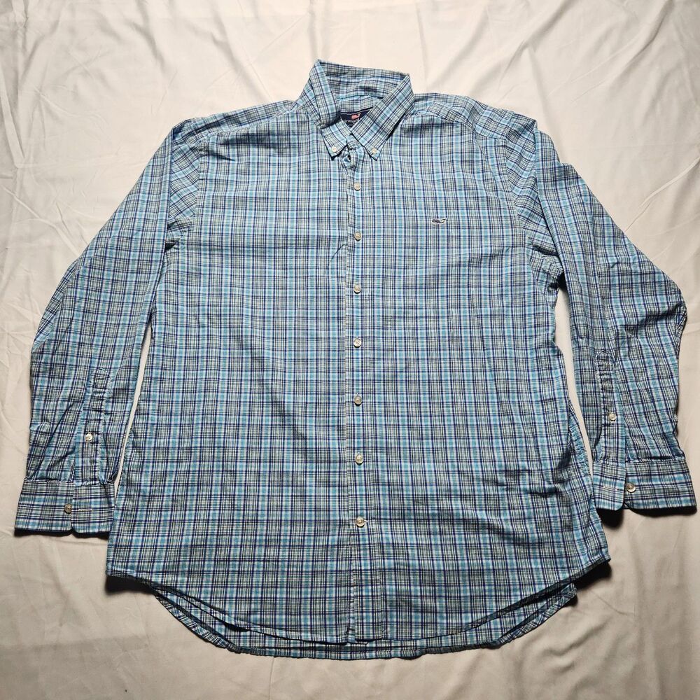 Vineyard Vines Mens XL Slim Fit Whale Shirt Gingham Plaid Button Up Blue White